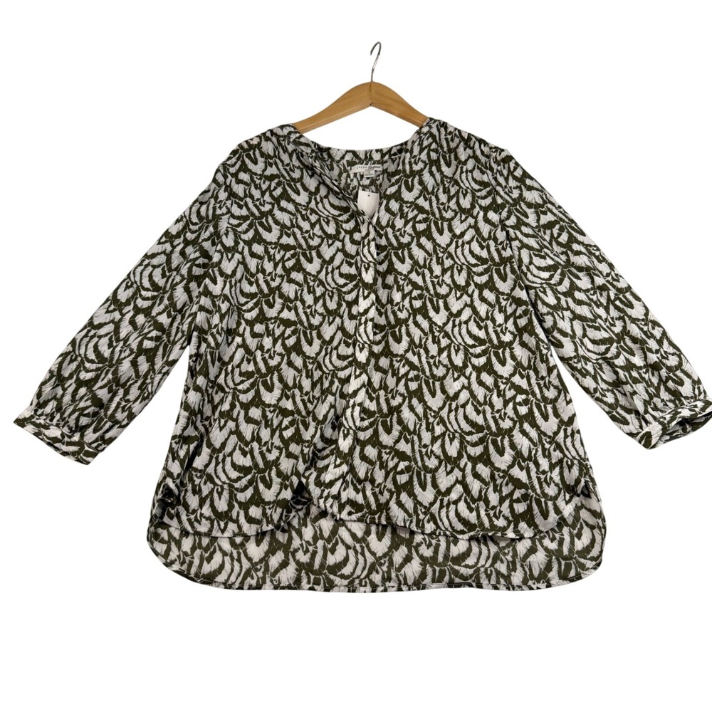 Jachs Girlfriend Womens Green‎ White Abstract Feather Print Blouse Small 1